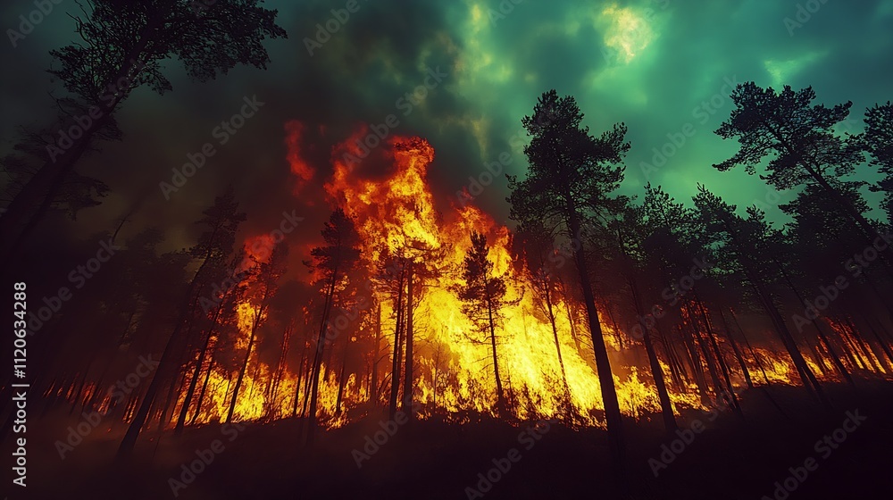 Intense Forest Fire Raging Through Trees with Towering Flames and Dense Smoke : Generative AI Intense Forest Fire Raging Through Trees with Towering Flames and Dense Smoke : Generative AI