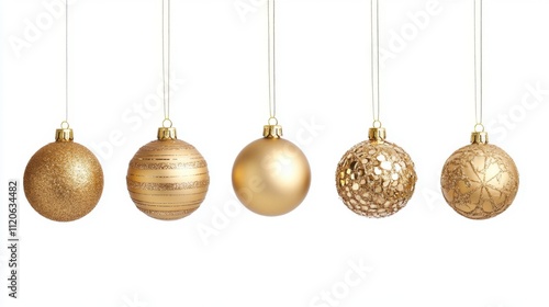 Elegant gold christmas ornaments on white background