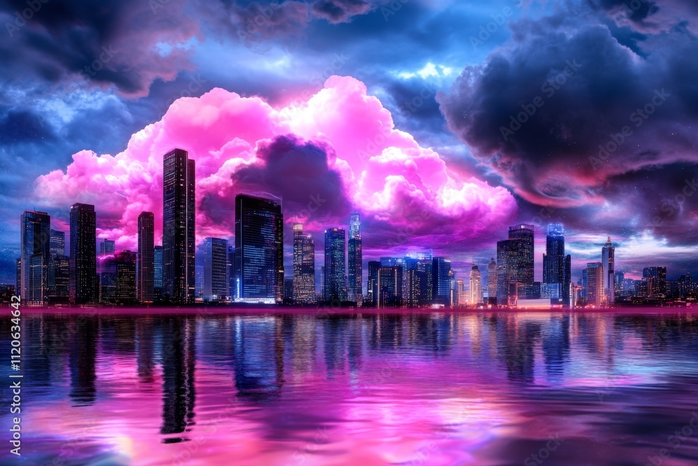 A cyberpunk-themed representation of the water cycle, with glowing neon rain and holographic clouds forming over a futuristic cityscape A cyberpunk-themed representation of the water cycle, with glowing neon rain and holographic clouds forming over a futuristic cityscape