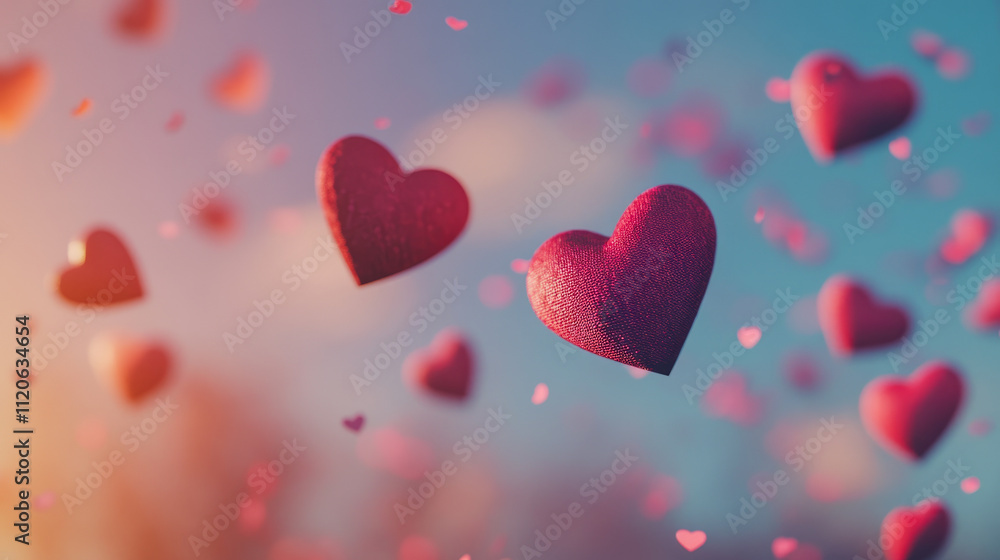 Floating red hearts in a romantic sunset sky Floating red hearts in a romantic sunset sky