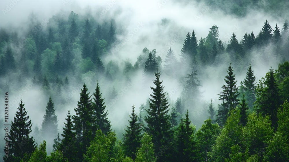 Lush evergreen forest enveloped in mystical fog blending nature and mystery : Generative AI Lush evergreen forest enveloped in mystical fog blending nature and mystery : Generative AI