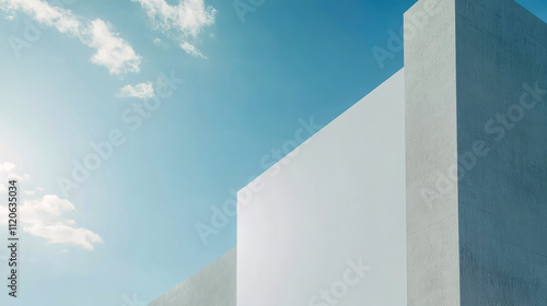 Modern architectural minimalism with white concrete building and blue sky backdrop