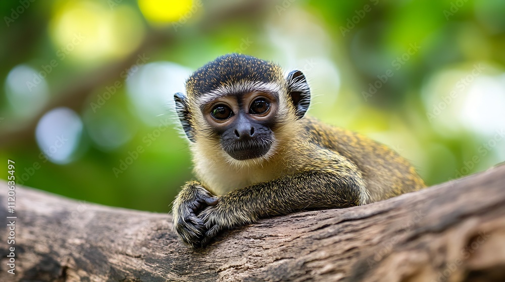 Fototapeta premium Young monkey resting on a tree branch in a vibrant green tropical forest : Generative AI