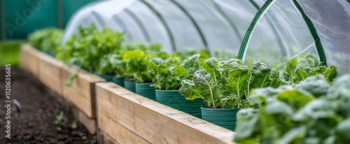 Organic Container Gardening In Greenhouse With Fresh Leafy Vegetables For Urban Farming : Generative AI