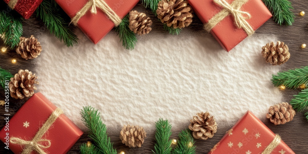 A festive Christmas wreath crafted from colorful presents and natural pine cones, embodying the spirit of the holiday season. A festive Christmas wreath crafted from colorful presents and natural pine cones, embodying the spirit of the holiday season.