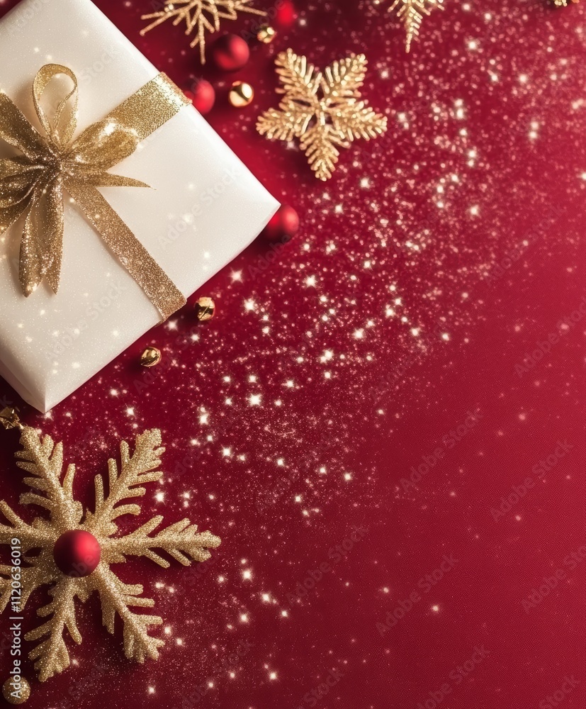 A beautifully wrapped white gift adorned with a shimmering gold ribbon and delicate snowflakes, perfect for the festive Christmas season. A beautifully wrapped white gift adorned with a shimmering gold ribbon and delicate snowflakes, perfect for the festive Christmas season.