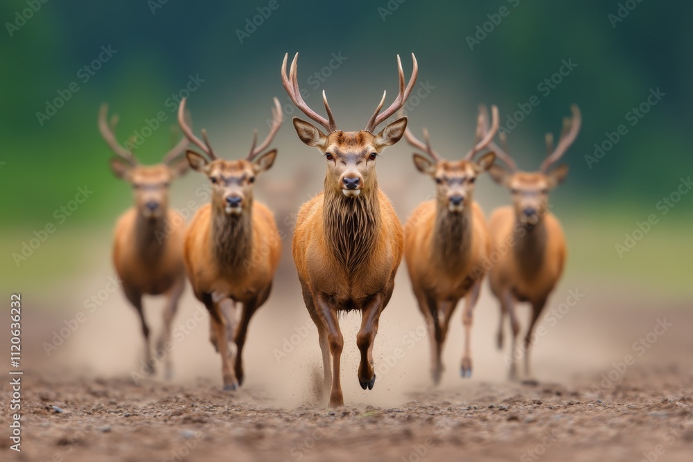 Fototapeta premium A dynamic image of a herd of deer running through an open meadow, with dust rising behind them