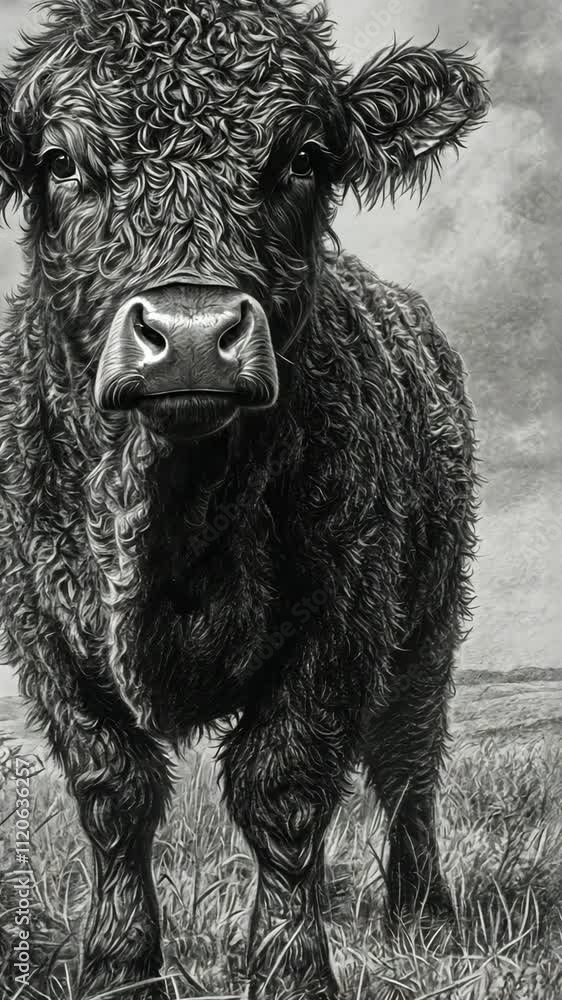 Detailed black and white portrait of a cow standing in a field under a cloudy sky Detailed black and white portrait of a cow standing in a field under a cloudy sky