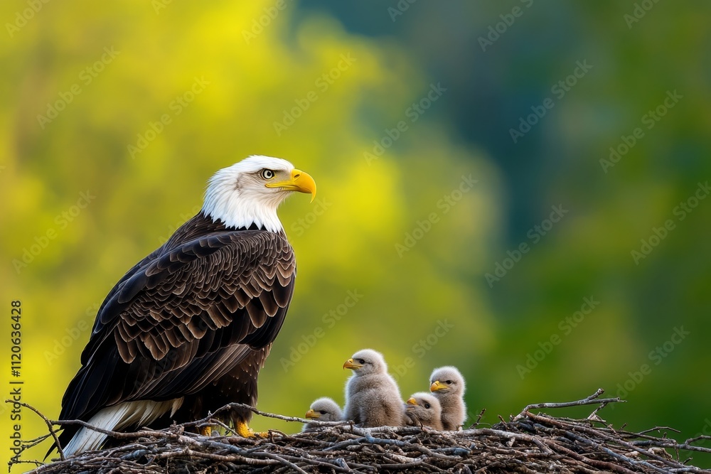 Fototapeta premium A dynamic shot of a circle of life in nature: an eagle feeding its chicks, with a vibrant forest backdrop