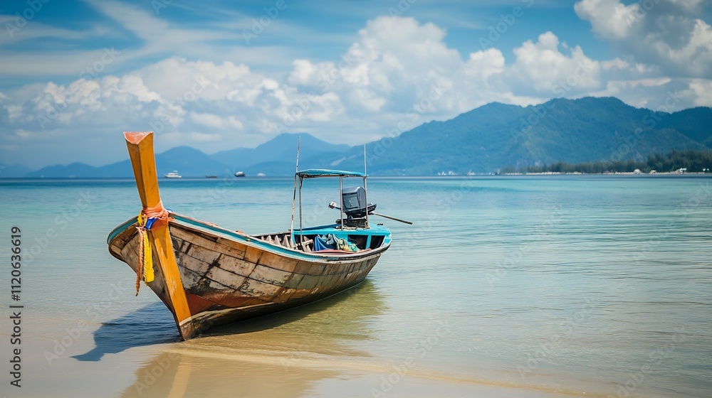Traditional longtail boat anchored on serene tropical sea with mountainous backdrop : Generative AI Traditional longtail boat anchored on serene tropical sea with mountainous backdrop : Generative AI