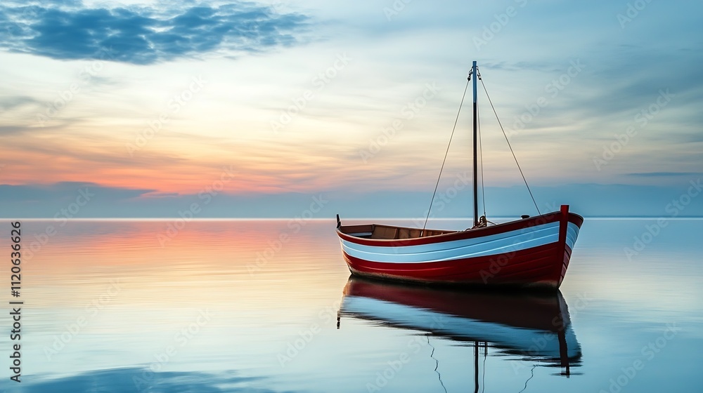 Naklejka premium Scenic Sunset Reflections on Calm Ocean with Solitary Boat Balanced in Serene Tranquility : Generative AI