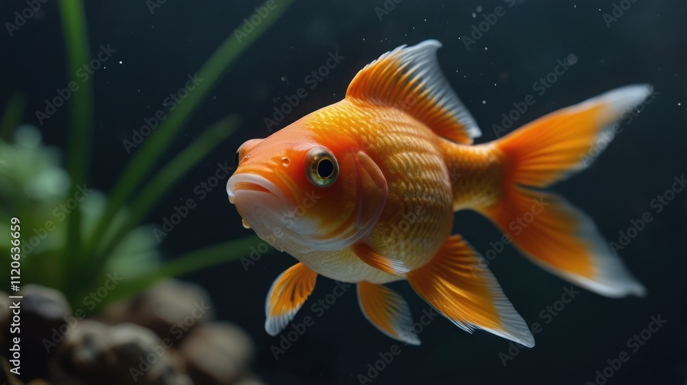 Close-up of an orange goldfish swimming in an aquarium. Close-up of an orange goldfish swimming in an aquarium.