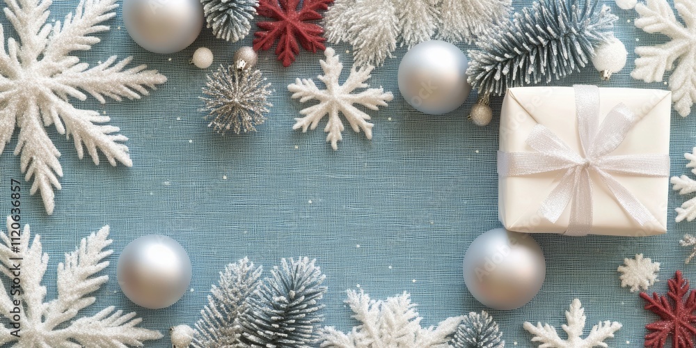 A beautifully wrapped present rests on a blue table adorned with delicate snowflakes and colorful ornaments, capturing the spirit of Christmas. A beautifully wrapped present rests on a blue table adorned with delicate snowflakes and colorful ornaments, capturing the spirit of Christmas.