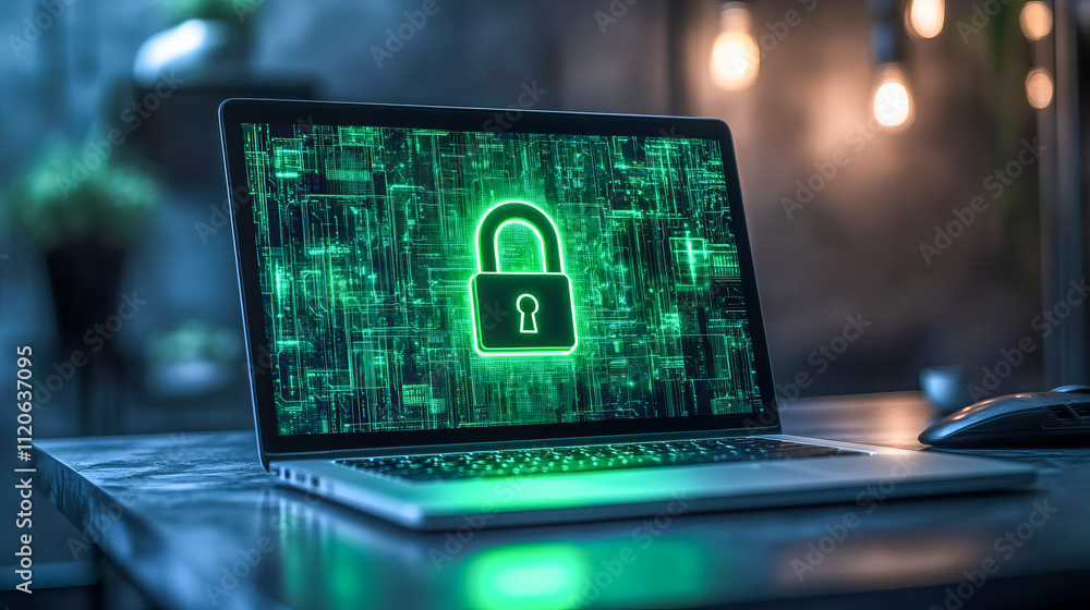Laptop displaying digital lock symbolizing cybersecurity in dark room Laptop displaying digital lock symbolizing cybersecurity in dark room