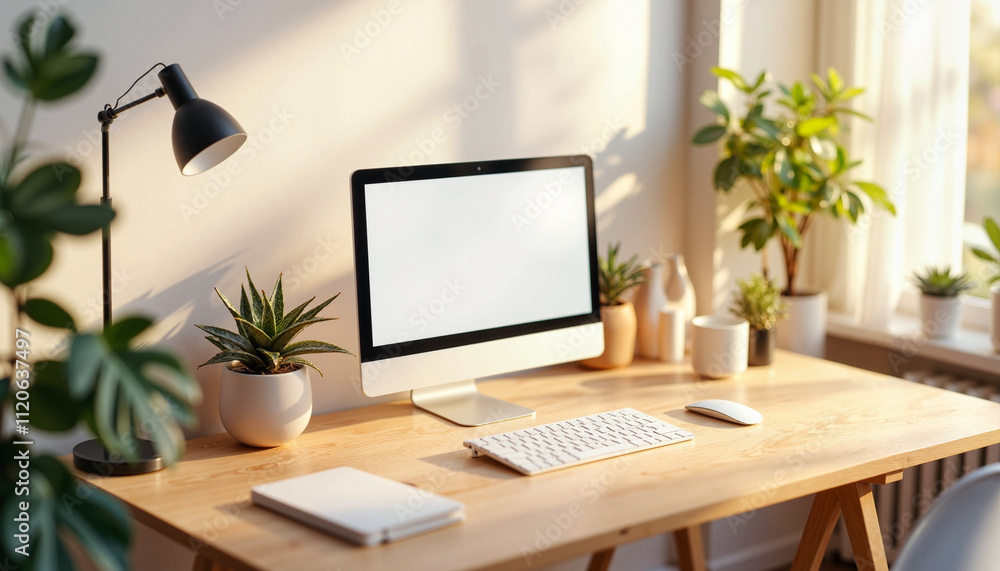 Isometric Computer Mockup on wooden desk with plants Isometric Computer Mockup on wooden desk with plants