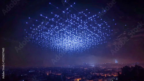 Aerial light show with drones creating geometric patterns in night sky
