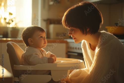 A short-haired woman leans towards a baby in a high chair, both illuminated by soft, warm light in a cozy kitchen setting photo