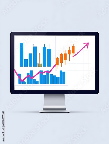 Computer screen displaying a financial graph with rising trends and colorful bars. 3D Rendering (19)