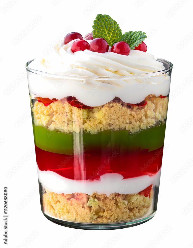 Layered Dessert Parfait with Whipped Cream Jelly and Crumble in Glass Layered Dessert Parfait with Whipped Cream Jelly and Crumble in Glass