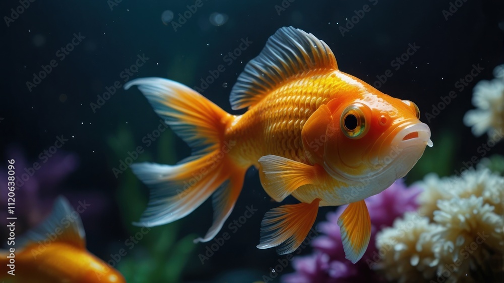 Vibrant orange goldfish swimming in aquarium. Vibrant orange goldfish swimming in aquarium.