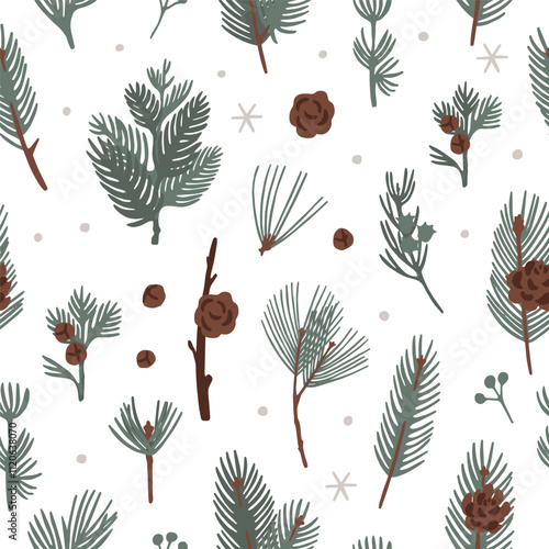 Christmas seamless pattern, cones, green pine, fir twigs, white snow background with snowflakes. Vector illustration. Nature design. Season greeting. Winter forest. Xmas holidays