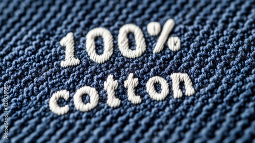 Close-up of 100% cotton embroidered label on blue fabric background