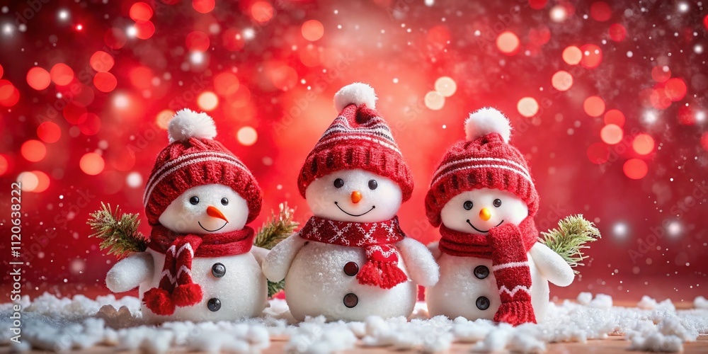 Adorable snowmen adorned with a bokeh glow on a vibrant red backdrop, perfect for adding a festive touch to your holiday decorations. Celebrate the season! Adorable snowmen adorned with a bokeh glow on a vibrant red backdrop, perfect for adding a festive touch to your holiday decorations. Celebrate the season!