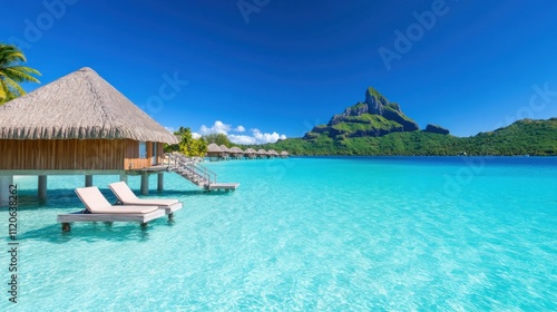 Serene tropical paradise with overwater bungalows and clear waters.