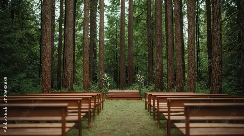 Obraz premium Wedding planning ceremony theme. Serene outdoor wedding venue surrounded by towering trees.