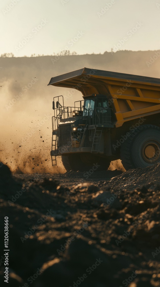 Fototapeta premium Powerful Mining Dump Truck in Action at Dusk