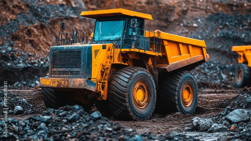 Heavy-Duty Dump Trucks in Industrial Mining Landscape with Rugged Terrain Heavy-Duty Dump Trucks in Industrial Mining Landscape with Rugged Terrain