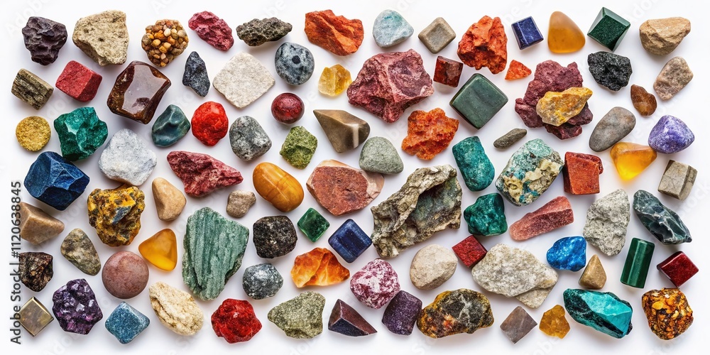 Fototapeta premium Aerial perspective of 24 rocky fragments layered in double exposure, featuring organic textures and patterns against a clean white background for artistic and educational inspiration.