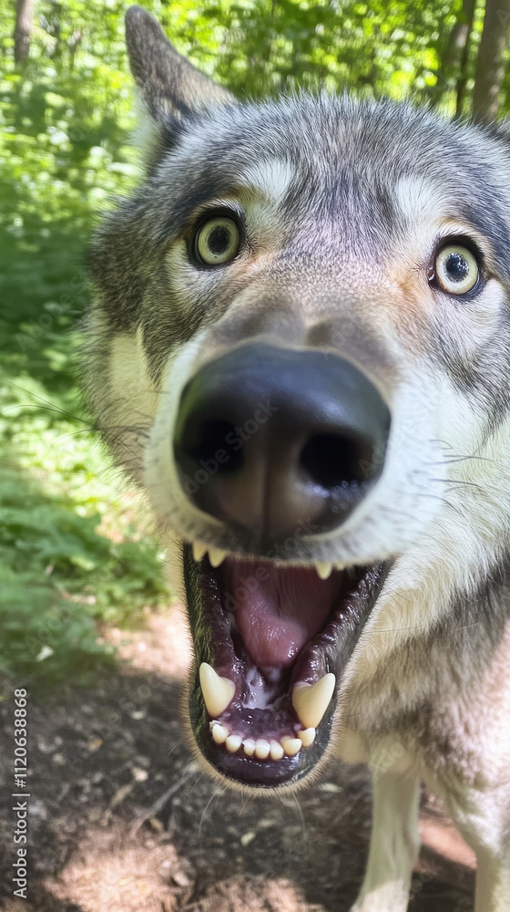 Obraz premium Close-Up of a Hungry Gray Wolf with Open Mouth
