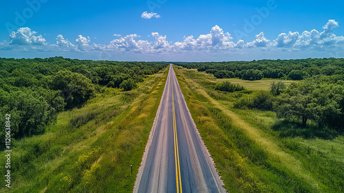 Endless country road through lush green landscape under blue sky with clouds