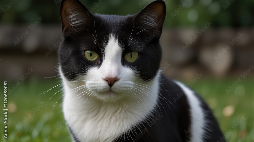 Close-up portrait of a tuxedo cat sitting in grass. Close-up portrait of a tuxedo cat sitting in grass.