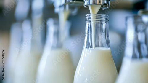 Automated dairy production: milk bottling process in factory