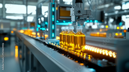 Automated production line with bottles of liquid on conveyor in modern factory