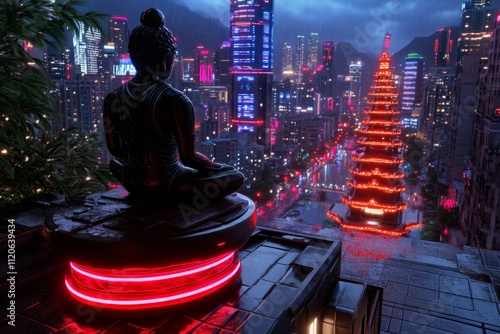 A neon-lit cyberpunk depiction of a Hindu shrine in a futuristic city, with glowing idols and robotic devotees