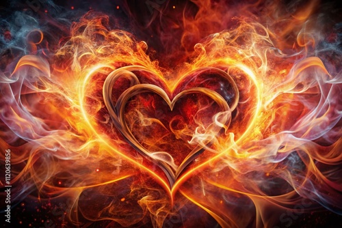 Aerial view of two hearts ablaze, featuring breathtaking generative art. Passionate flames intertwine in abstract shapes, evoking love and romance through unique artistic imagery.