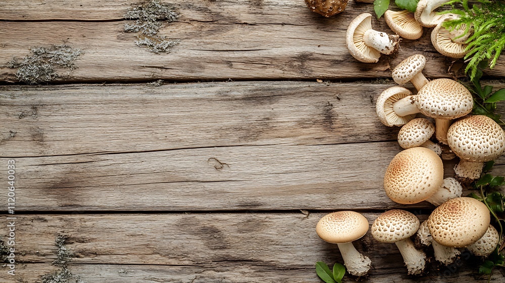 Cluster of Brown Mushrooms with Moss and Leaves on Rustic Wooden Background : Generative AI Cluster of Brown Mushrooms with Moss and Leaves on Rustic Wooden Background : Generative AI