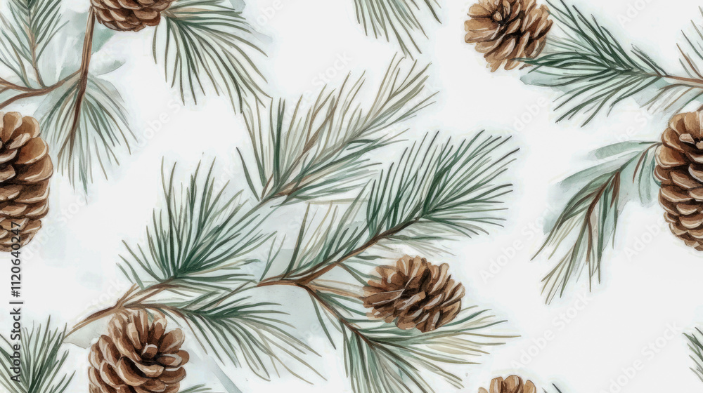 Seamless pattern of pine cones and evergreen branches on white background Seamless pattern of pine cones and evergreen branches on white background