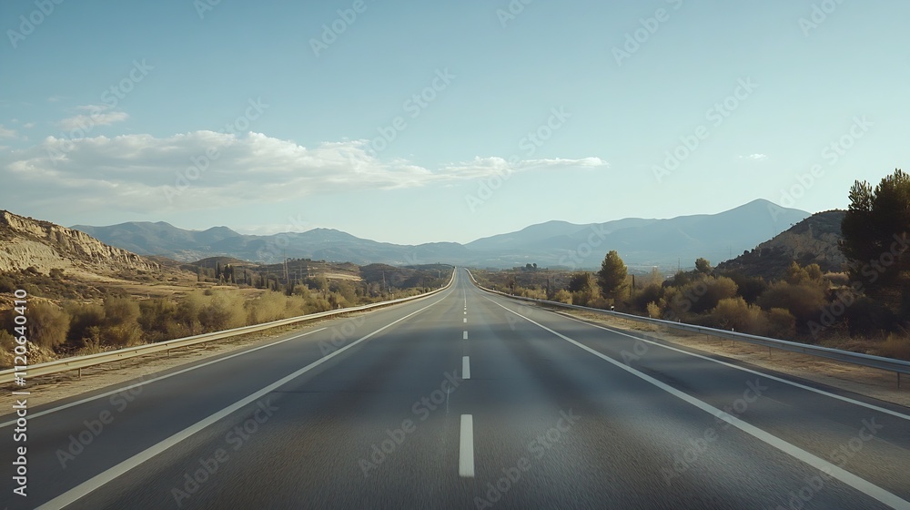 Naklejka premium Scenic Rural Highway Stretching into Distant Mountains under Blue Sky : Generative AI