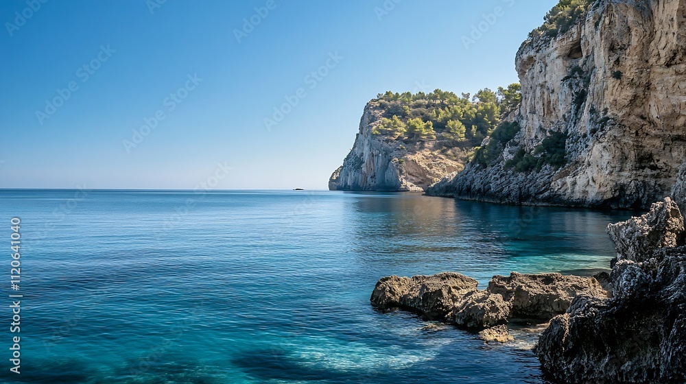 Stunning Rocky Cliff Coastline with Clear Blue Mediterranean Waters and Pine Trees : Generative AI Stunning Rocky Cliff Coastline with Clear Blue Mediterranean Waters and Pine Trees : Generative AI