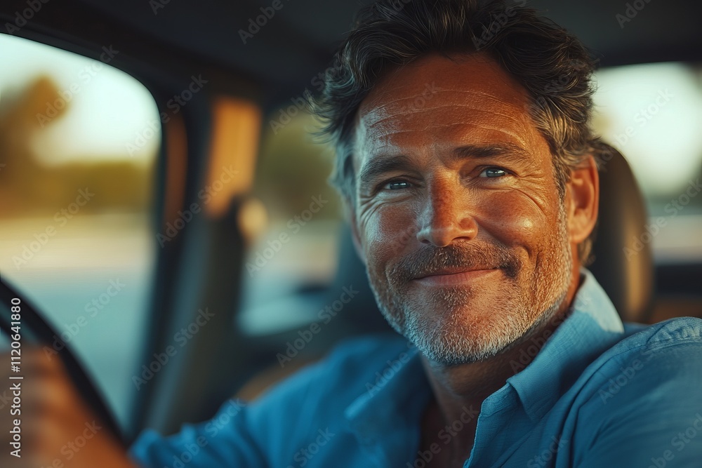A middle-aged man with a friendly smile sits in a car, wearing a blue shirt, with a soft, warm background A middle-aged man with a friendly smile sits in a car, wearing a blue shirt, with a soft, warm background