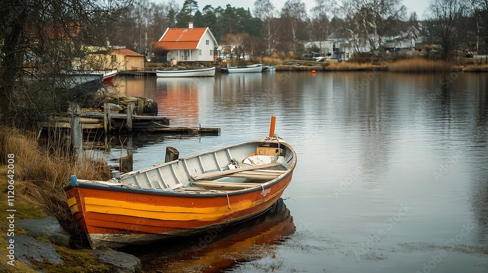 Rustic Wooden Boat on Peaceful Scandinavian Lake in Vivid Autumn Light : Generative AI Rustic Wooden Boat on Peaceful Scandinavian Lake in Vivid Autumn Light : Generative AI