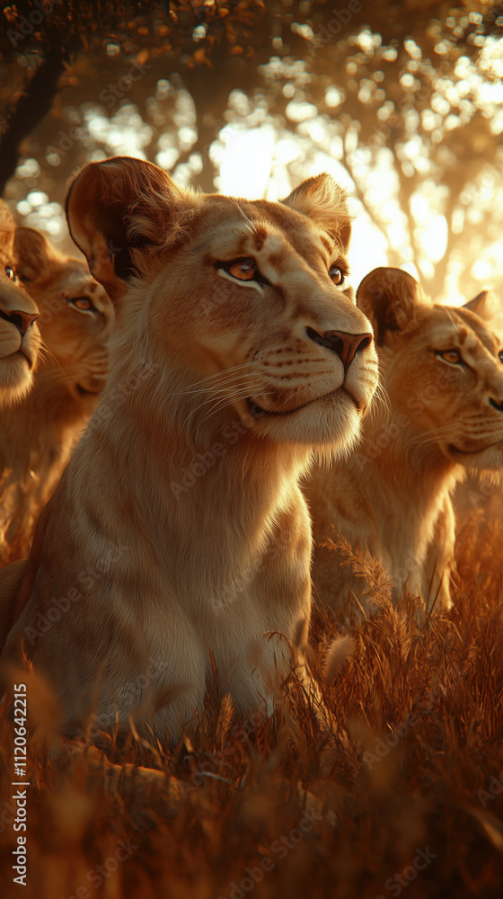 Naklejka premium Pride of Lions Basking in Golden-Hour Sunlight on the Savanna