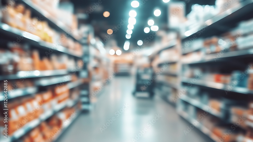 Blurred Grocery Store Aisle with Shimmering Lights Creating a Dreamy Shopping Atmosphere : Generative AI Blurred Grocery Store Aisle with Shimmering Lights Creating a Dreamy Shopping Atmosphere : Generative AI