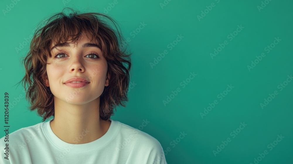 Happy Young Woman Smiling Against a Teal Background Happy Young Woman Smiling Against a Teal Background