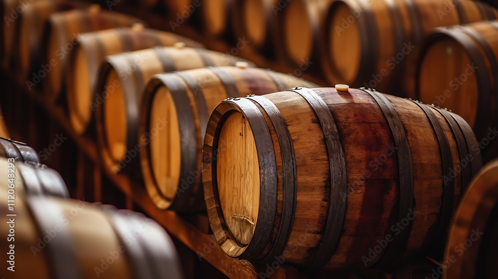 Wooden Barrels in a Rustic Cellar for Aging Wine or Whiskey : Generative AI Wooden Barrels in a Rustic Cellar for Aging Wine or Whiskey : Generative AI