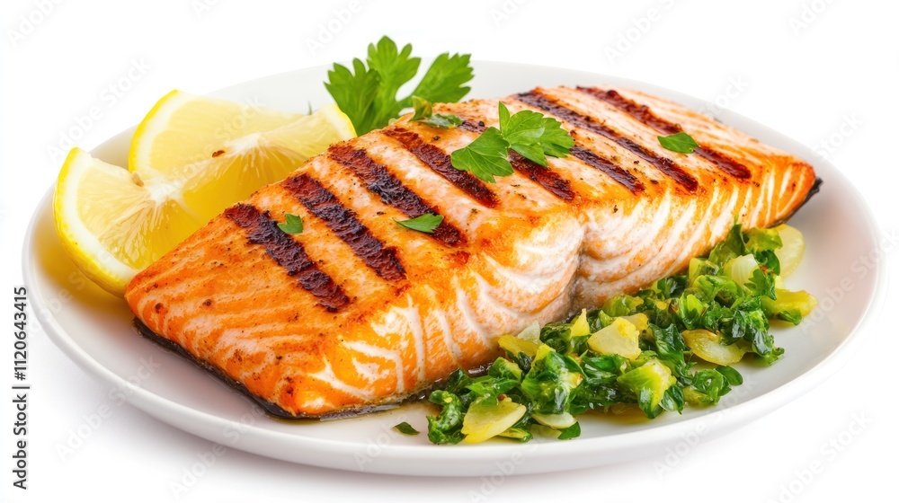 Grilled salmon fillet served with lemon and herbs on a plate. Grilled salmon fillet served with lemon and herbs on a plate.